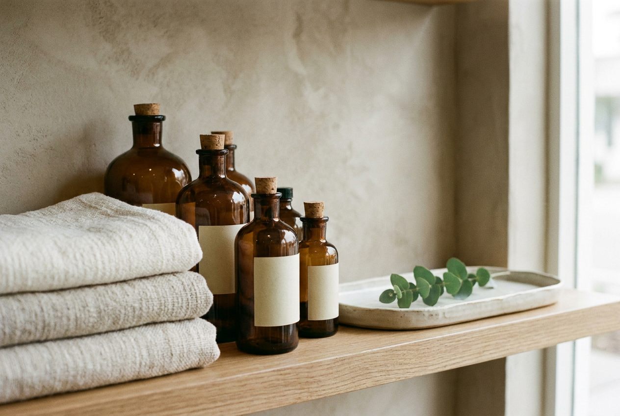 Neatly styled shelf of amber haircare bottles, folded linen towels and a sprig of eucalyptus at Laurel and Sage.