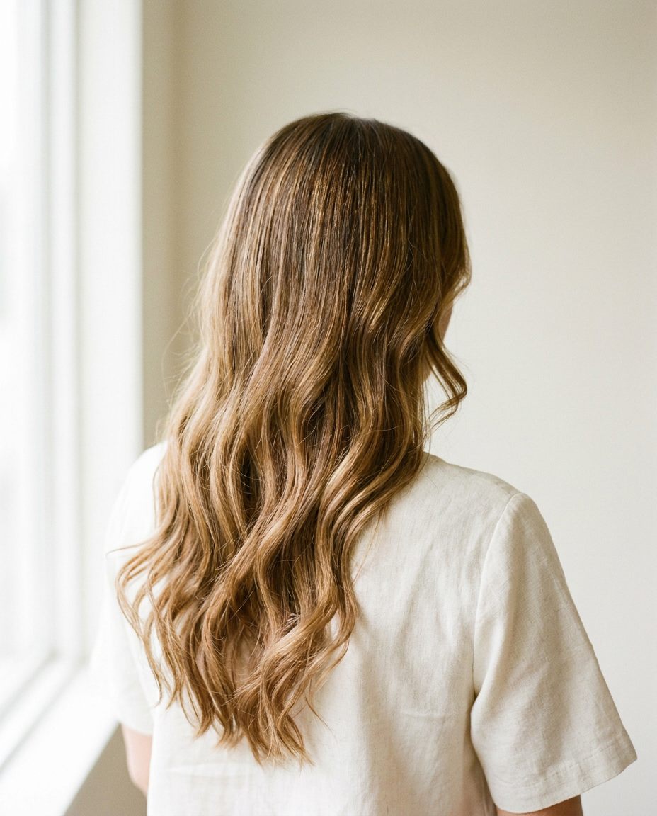 Sun-kissed caramel balayage in soft loose waves.