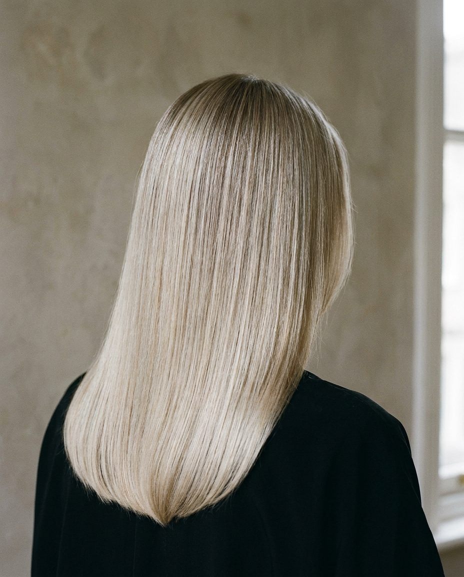 Sleek icy-blonde balayage blowout.