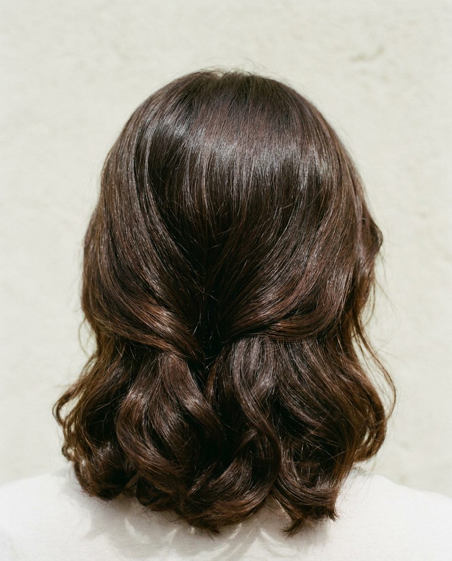 Glossy chocolate-brunette hair with high-shine gloss.
