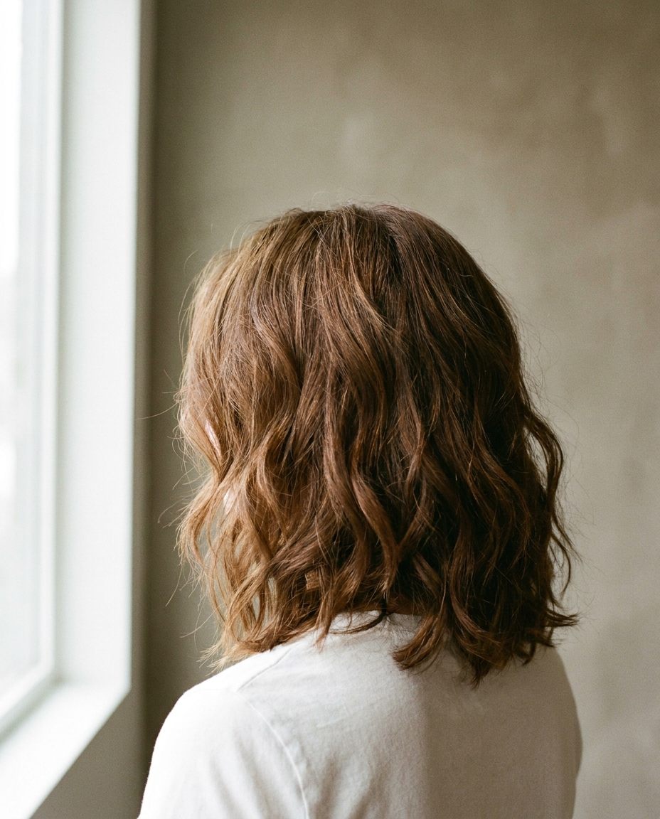 Warm chestnut textured long bob with soft waves.