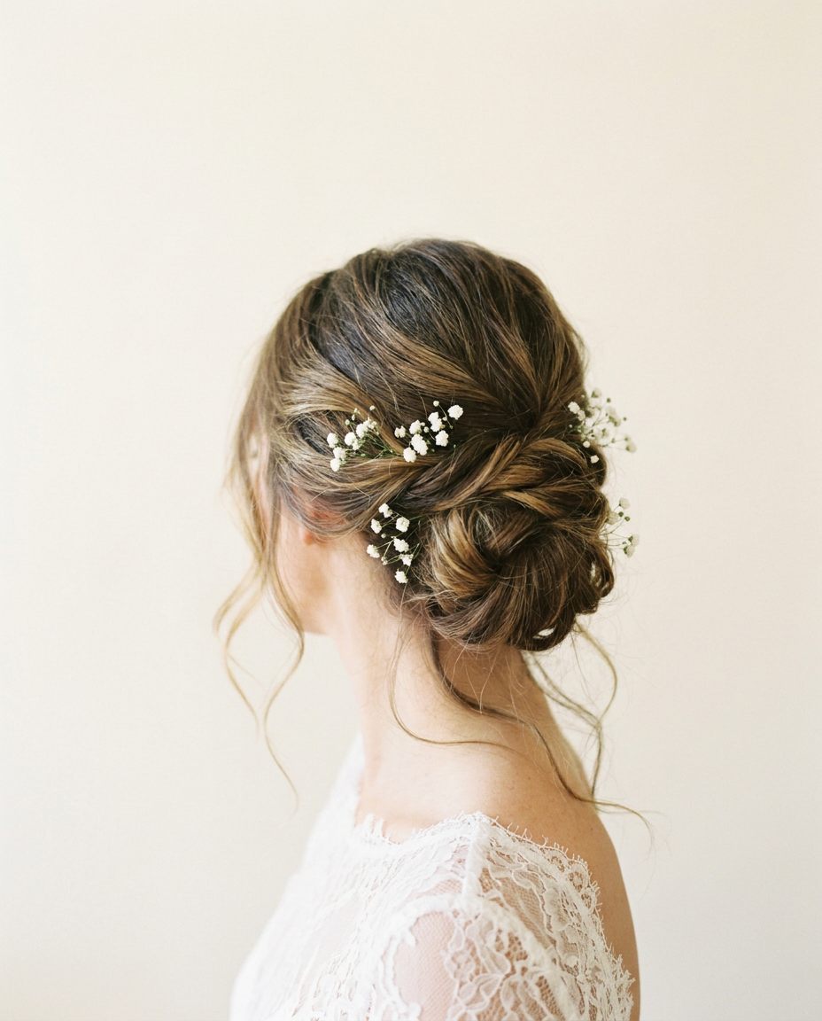 Soft romantic bridal updo with baby's breath.