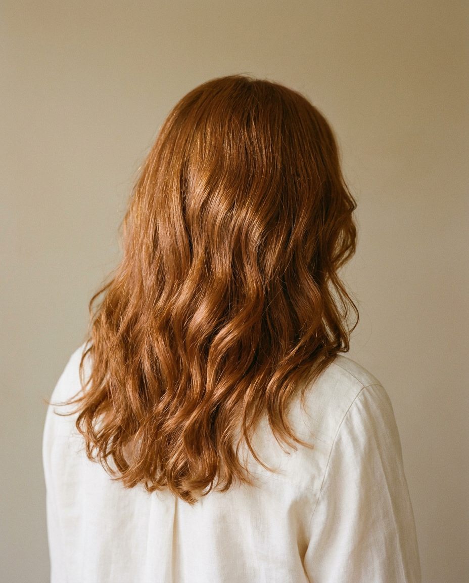Natural copper-auburn hair in soft air-dried waves.