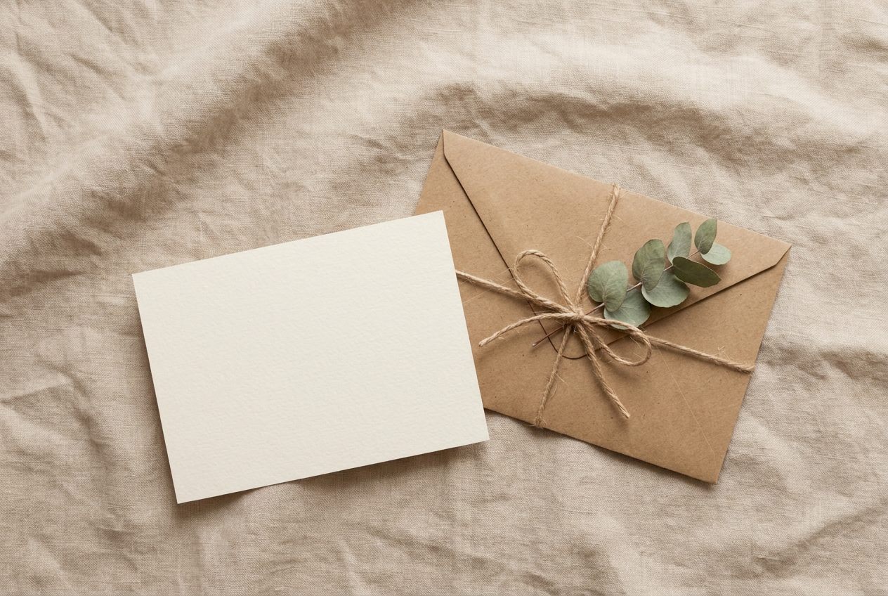 An elegant Laurel and Sage gift card and kraft envelope tied with twine and eucalyptus.