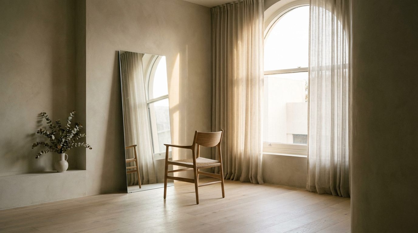 Calm, light-filled interior of Laurel and Sage hair studio in Browns Mills, with a styling chair beside a large window.